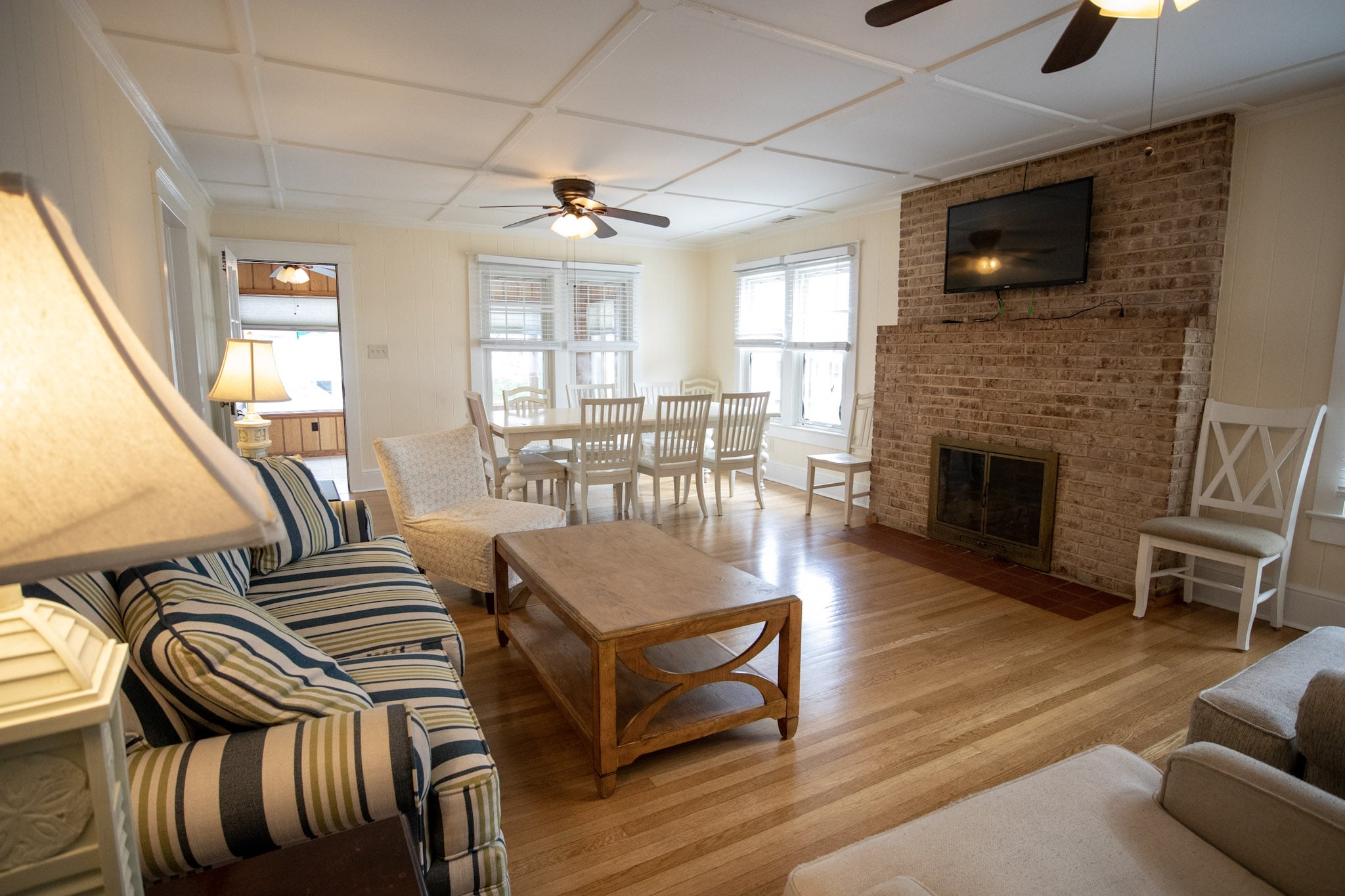 spacious living room with fireplace in the three bedroom apartment at the Majestic Hotel in Ocean City, Maryland